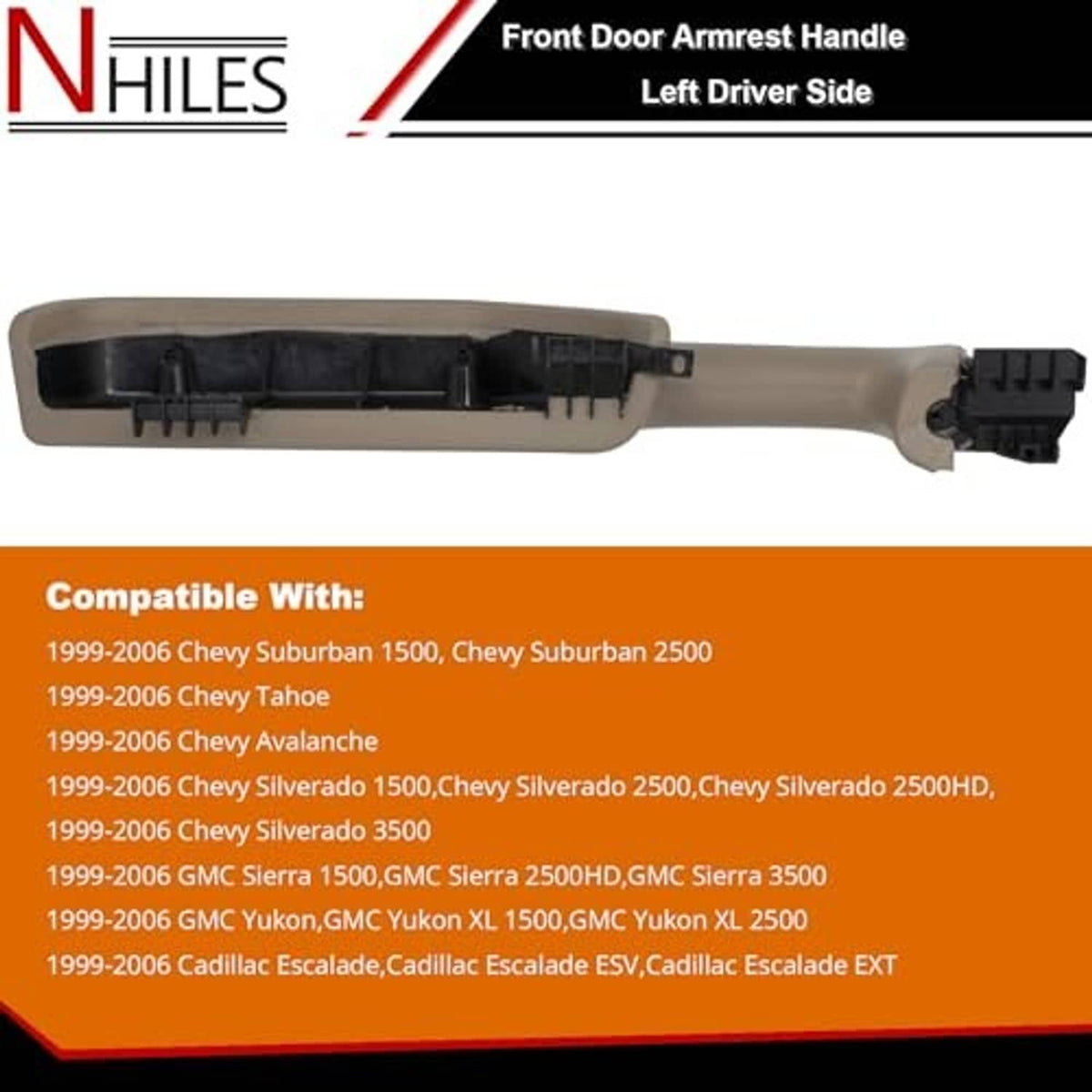 Beige front door armrest handle with exposed black mounting base and tabs