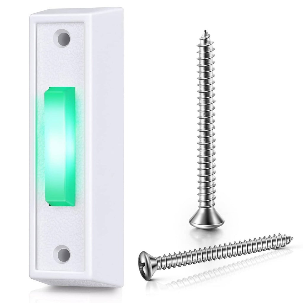 White wired doorbell button with green LED window and metal mounting screws