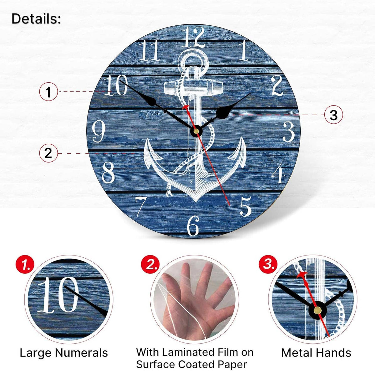 Blue nautical wall clock with anchor motif, white numerals, black hands, red second hand