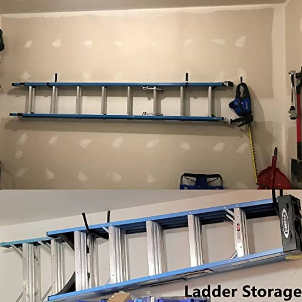 Wall-mounted ladder storage hooks with curved black U arms on blue rail