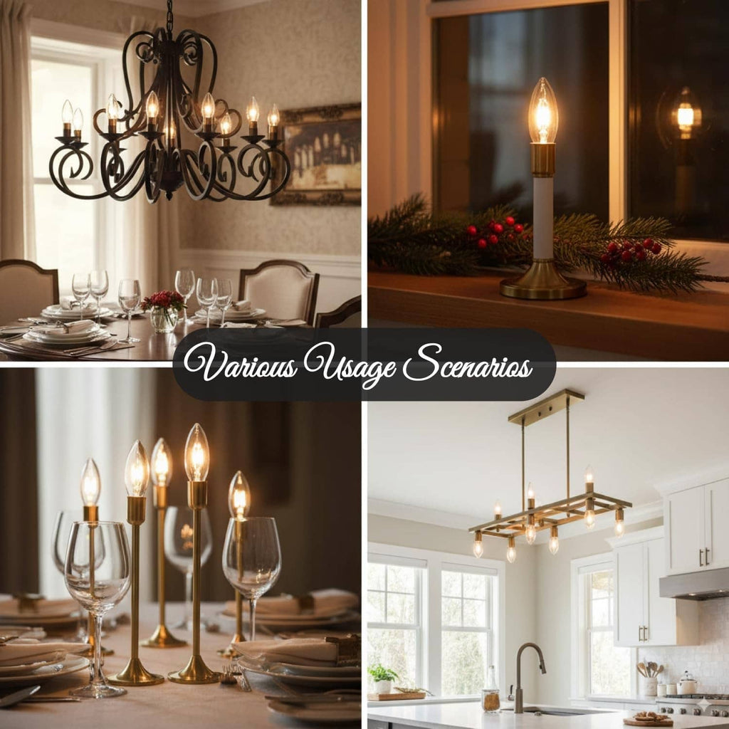 Clear chandelier bulbs for indoor dining and kitchen lighting, warm glowing filaments