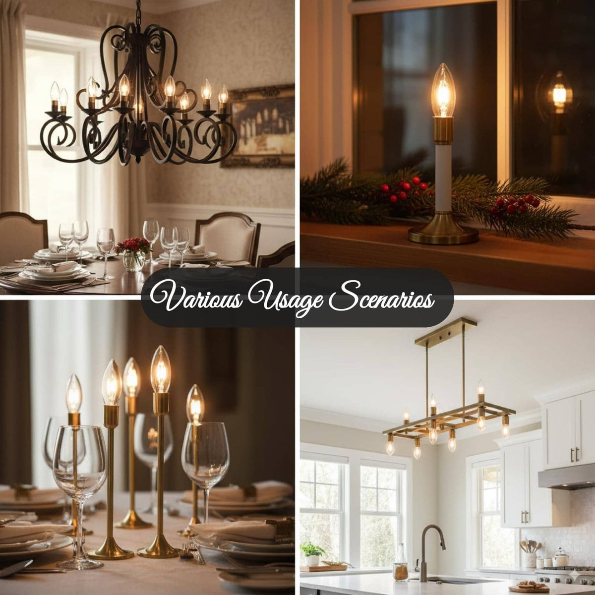 Clear chandelier bulbs for indoor dining and kitchen lighting, warm glowing filaments