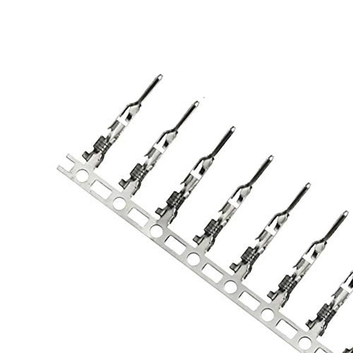 Set of 4-pin PWM fan male plugs with crimp terminals on a mounting strip