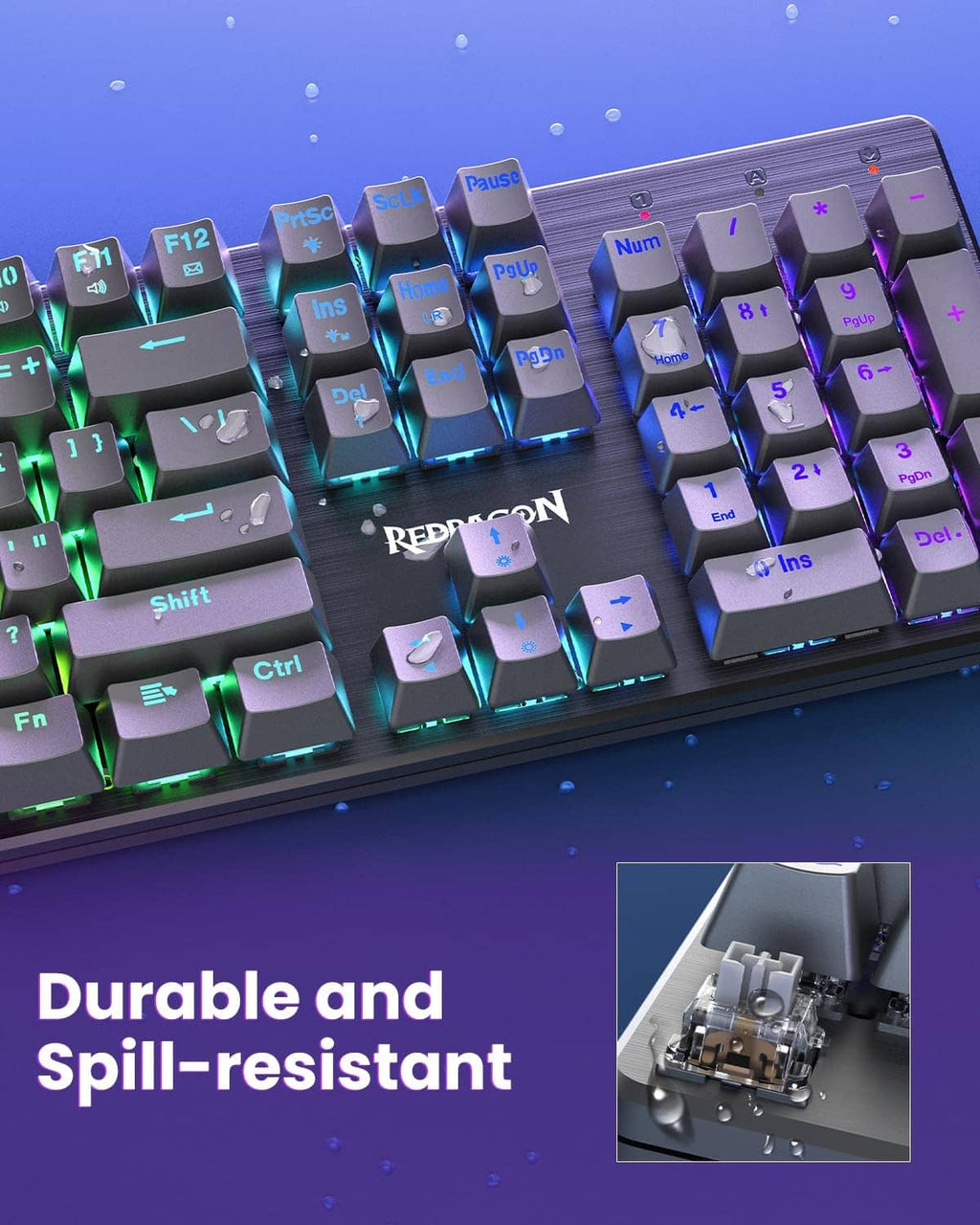 Redragon mechanical gaming keyboard macro close-up, multicolor backlit keycaps.