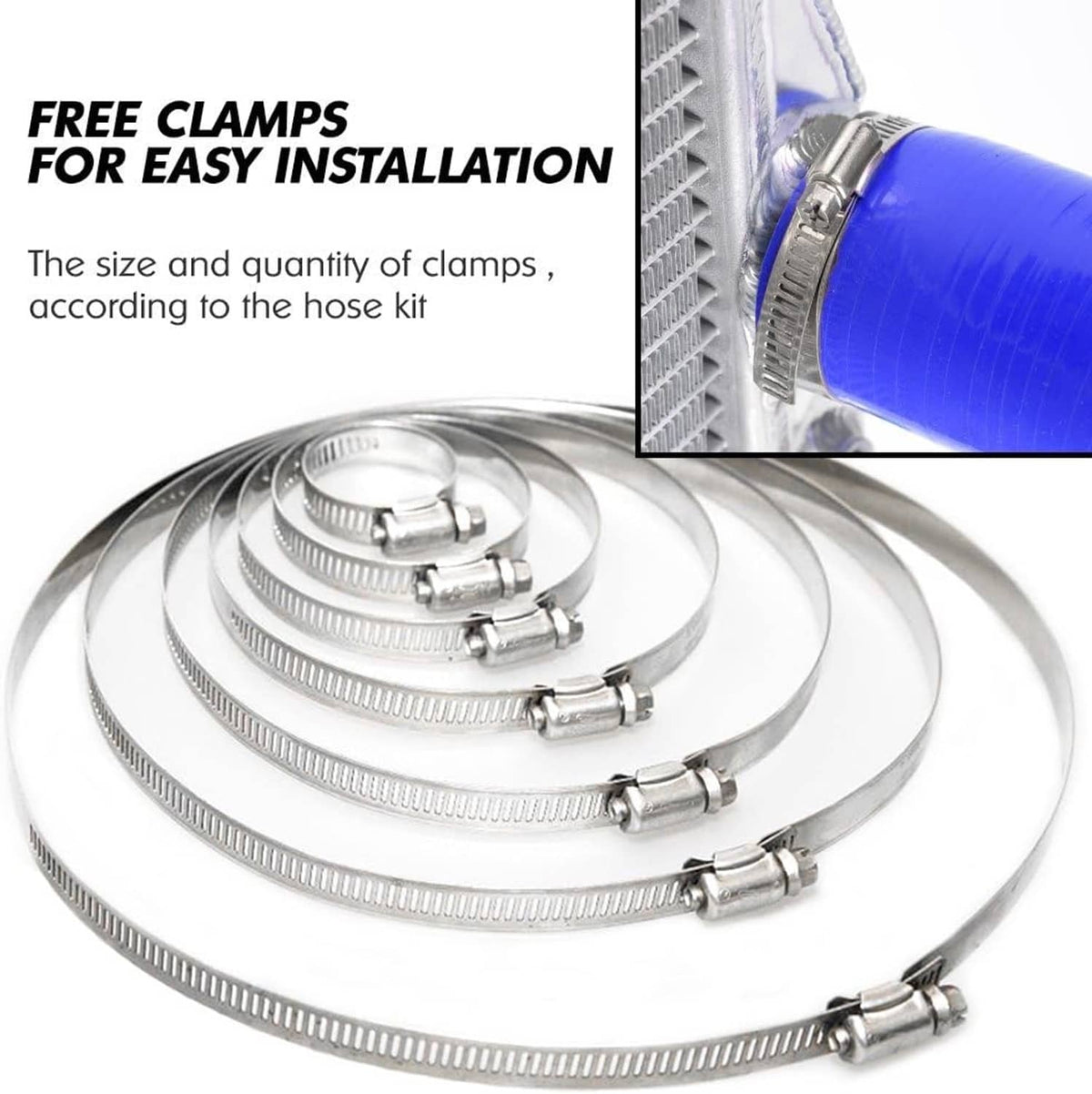 Blue silicone radiator hose kit with included stainless steel spring clamps