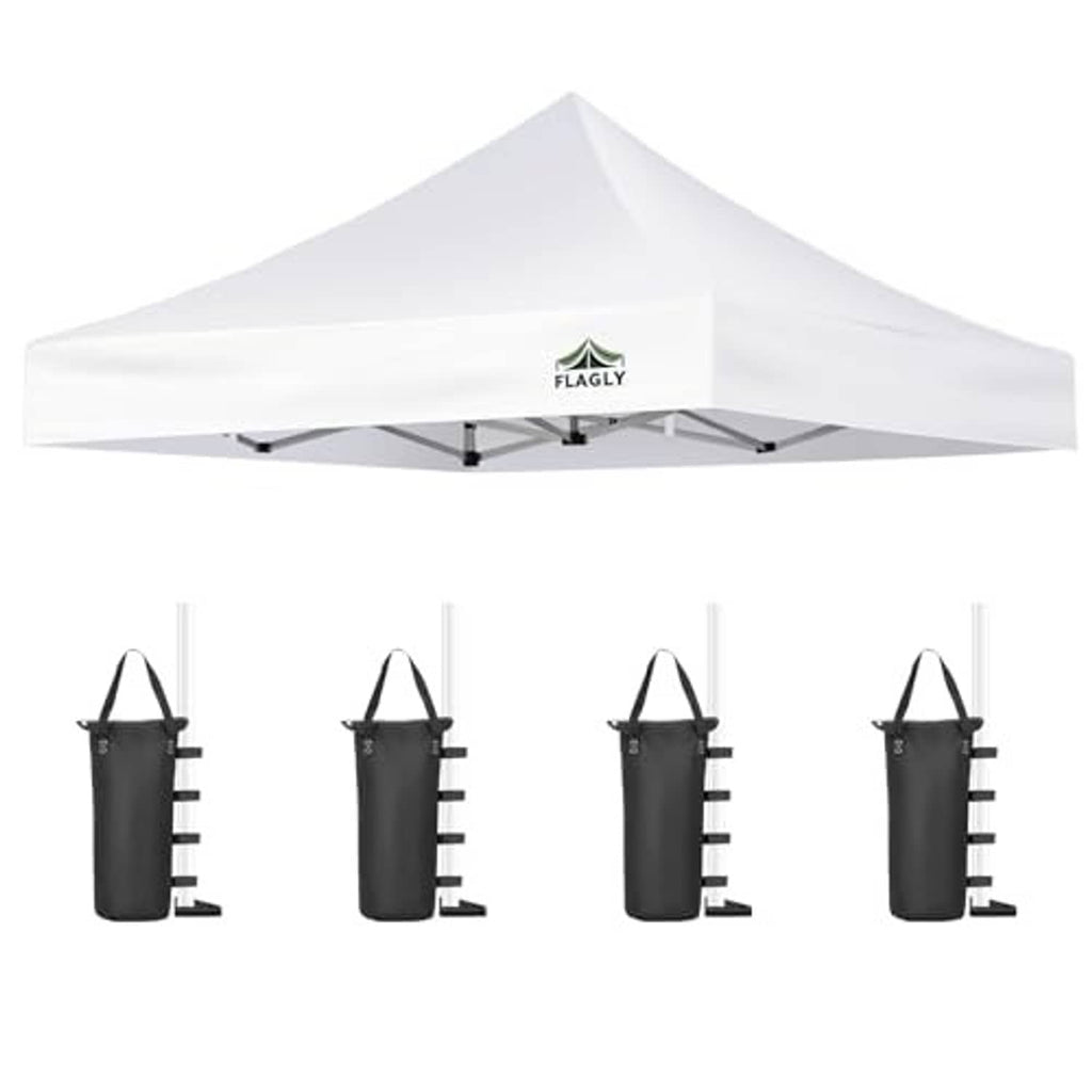 White pop-up canopy replacement top with center logo and gray support legs