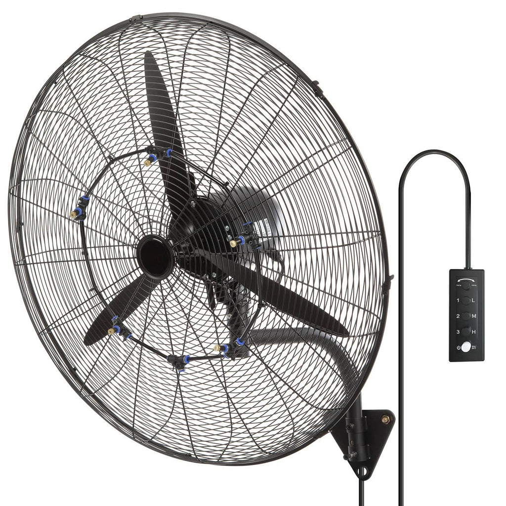 Black wall-mount misting fan close-up with wire grille, blades, and speed controller