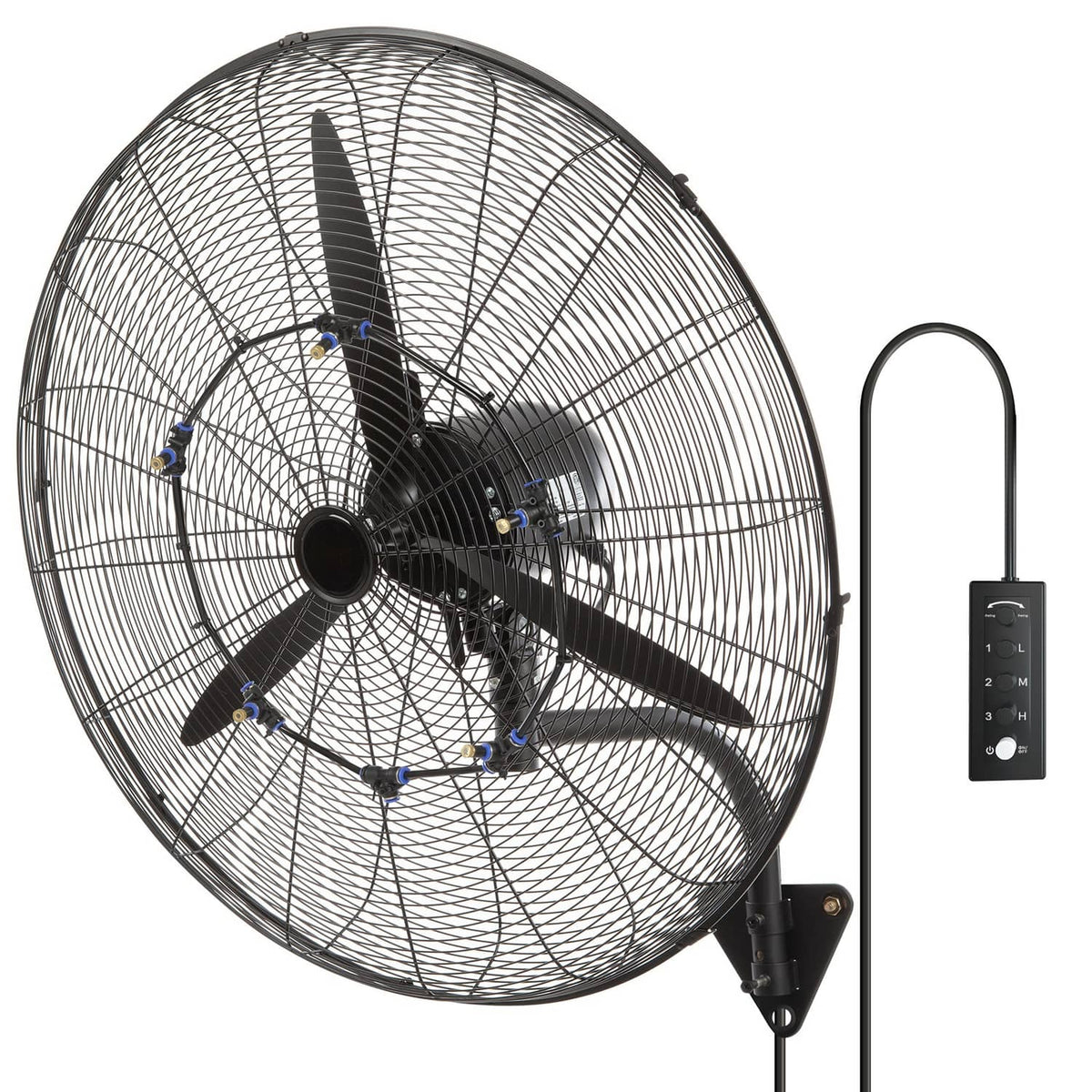 Black wall-mount misting fan close-up with wire grille, blades, and speed controller