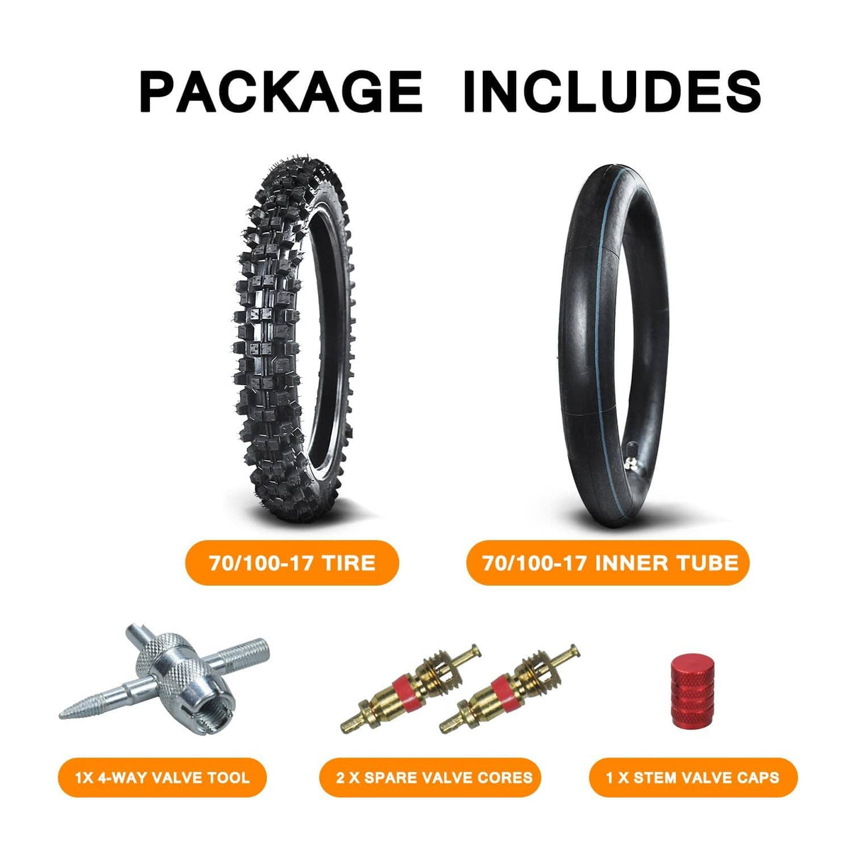 70/100-17 tire and inner tube kit with valve tool, spare cores, and caps