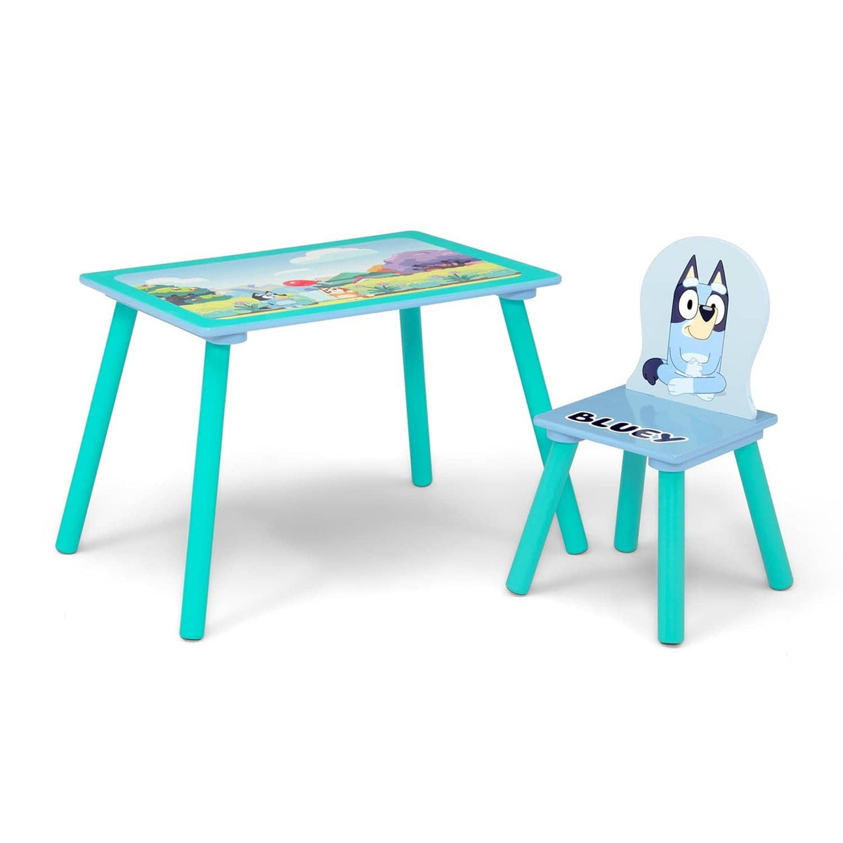 Bluey kids play table and chair with teal legs and character seat and tabletop graphics