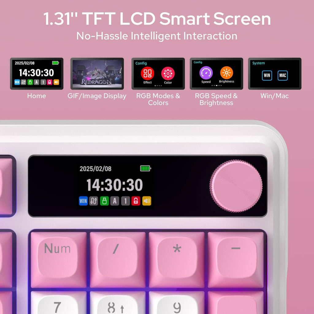 Wireless gaming keyboard with LCD smart screen showing time above pink keycaps