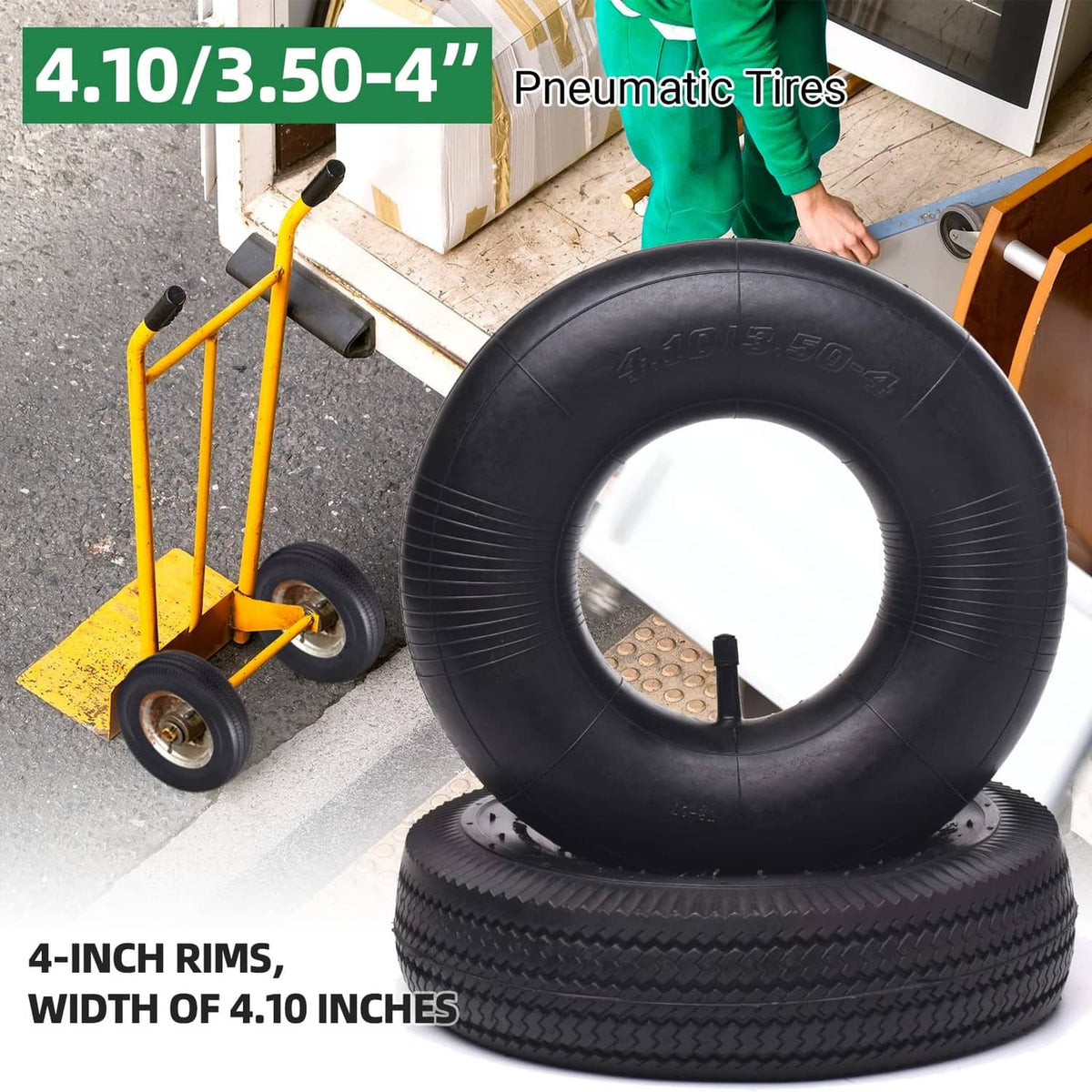 Pneumatic replacement tire with inner tube and valve stem, 4.10/3.50-4 size