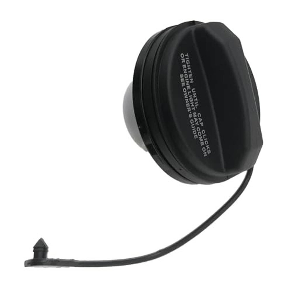 Black round fuel cap with tether cord, top-to-side view
