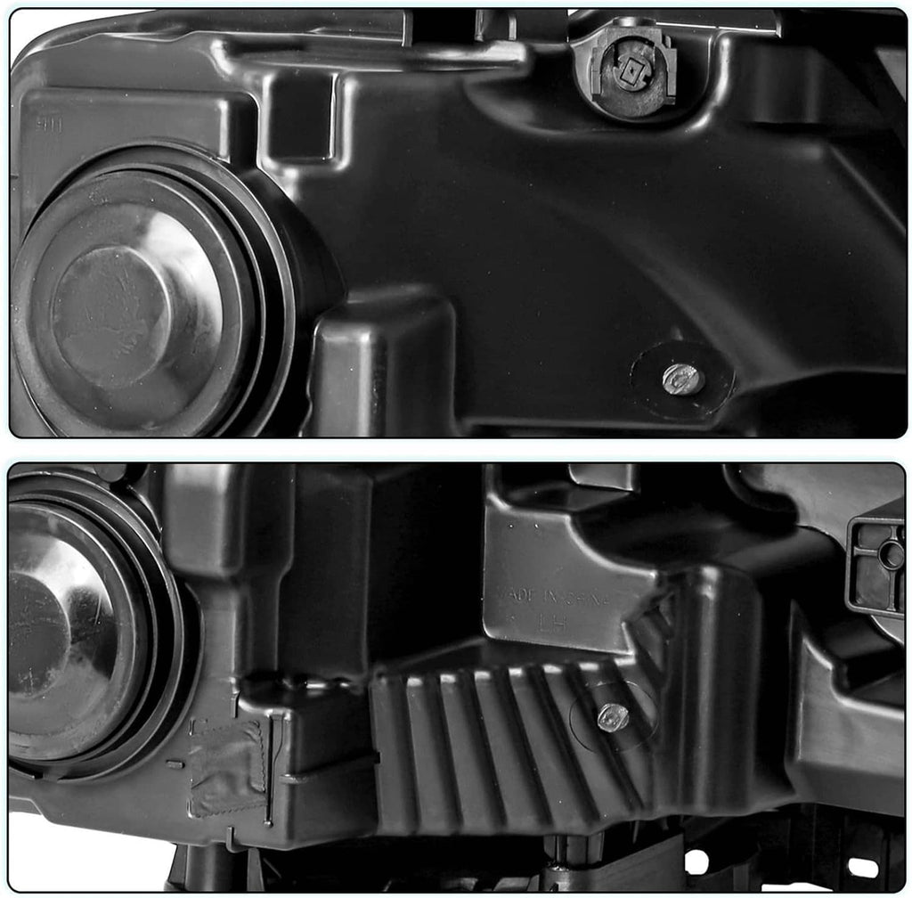Close-up of black headlight interior with round projector and mounting hardware