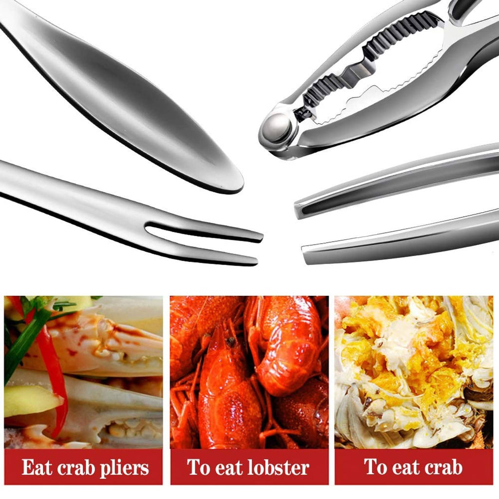 Metal seafood forks and nutcracker tools with ribbed jaws for shellfish