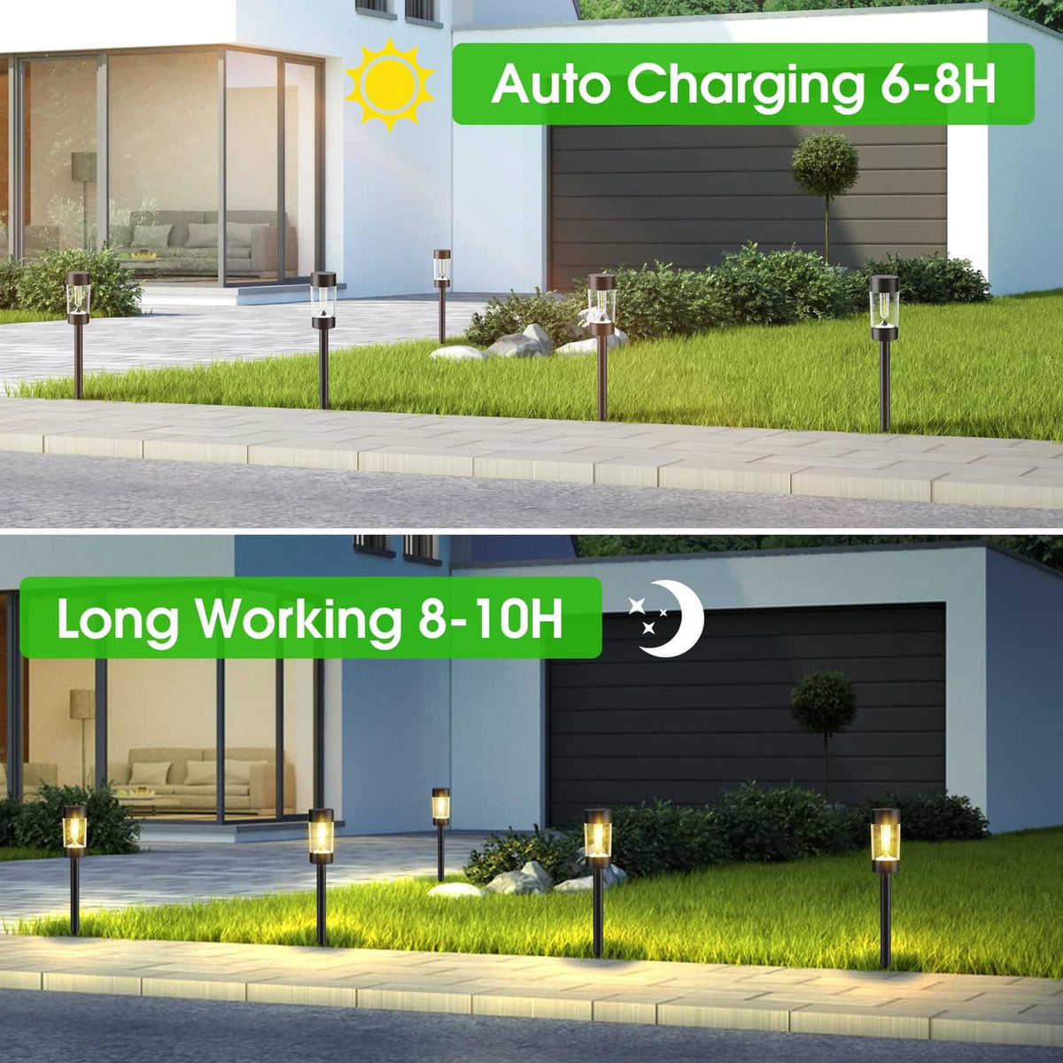 Black solar pathway lights with warm white glow on poles along outdoor path