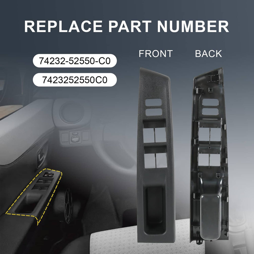 Front and back views of dark gray window switch bezel trim cover with clips.