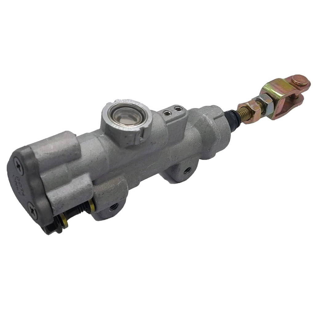 Rear brake master cylinder pump with lever and threaded hose fitting, gray housing