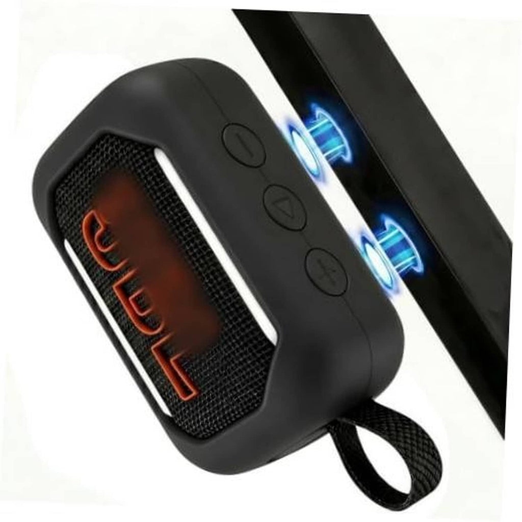 Black silicone speaker case with mesh front and wrist strap, exposed controls
