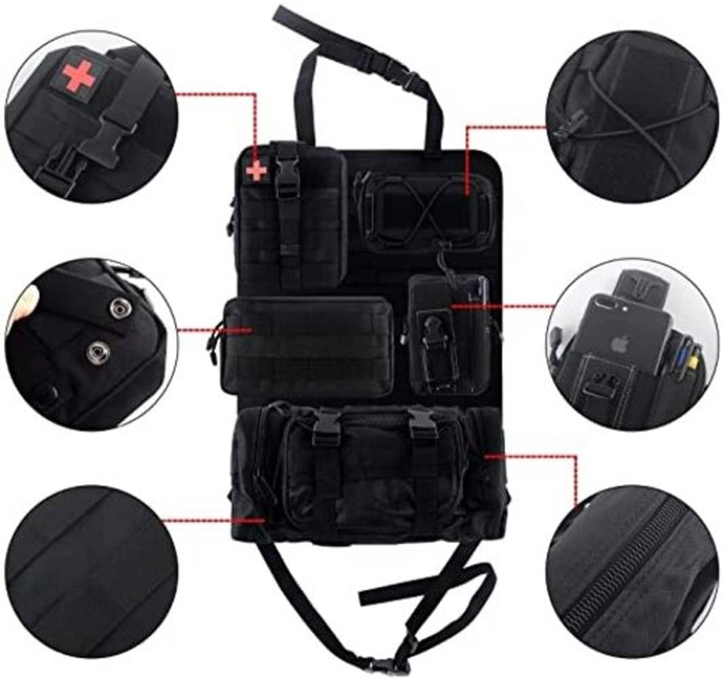 Black tactical seat back organizer bag with MOLLE panels and adjustable attachment straps