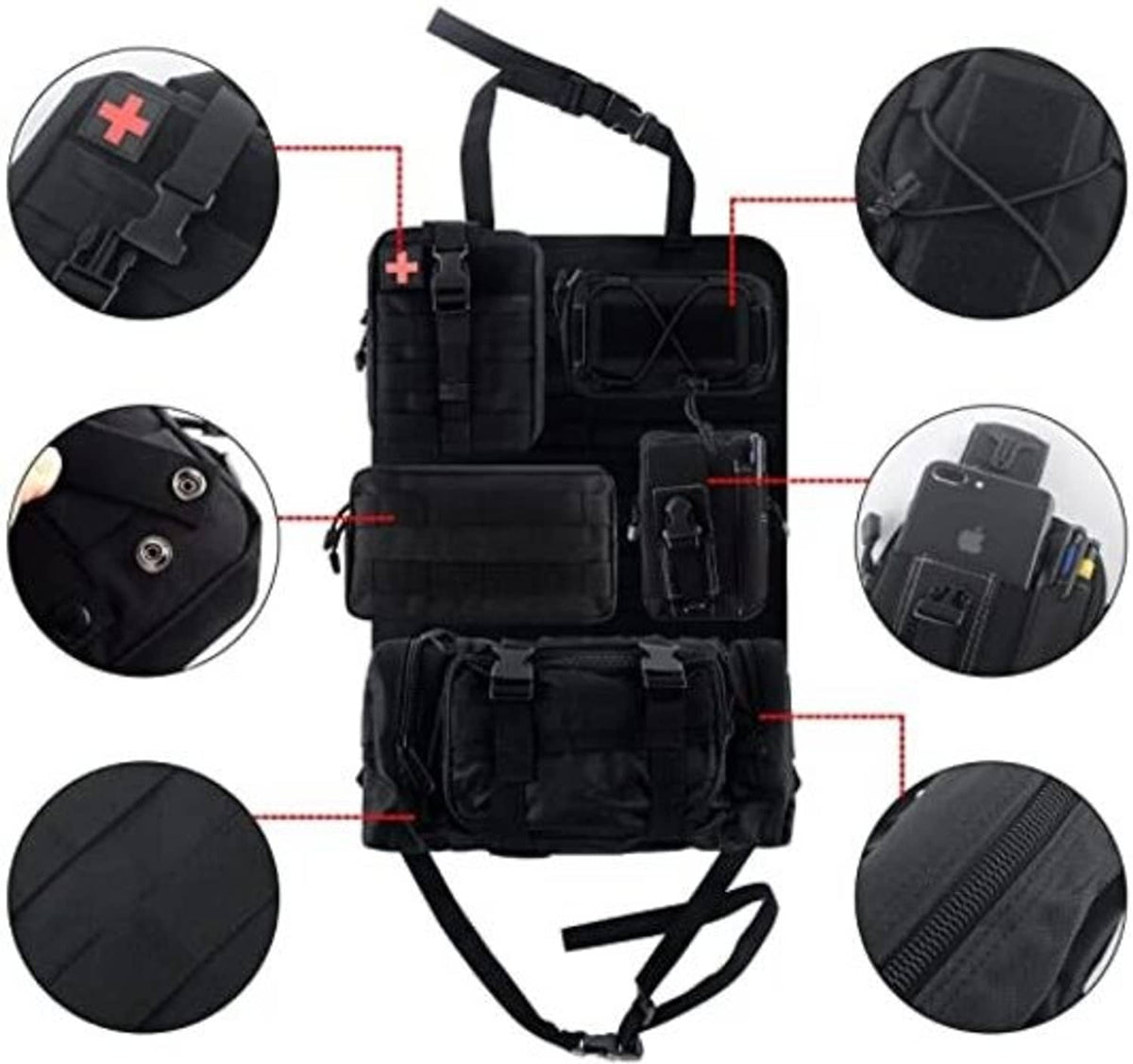 Black tactical seat back organizer bag with MOLLE panels and adjustable attachment straps