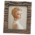 Rustic bark wood picture frame with inner photo mat, dark stone-textured border