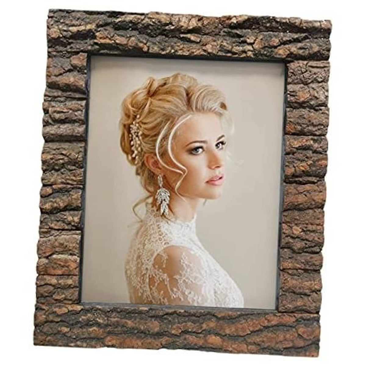 Rustic bark wood picture frame with inner photo mat, dark stone-textured border