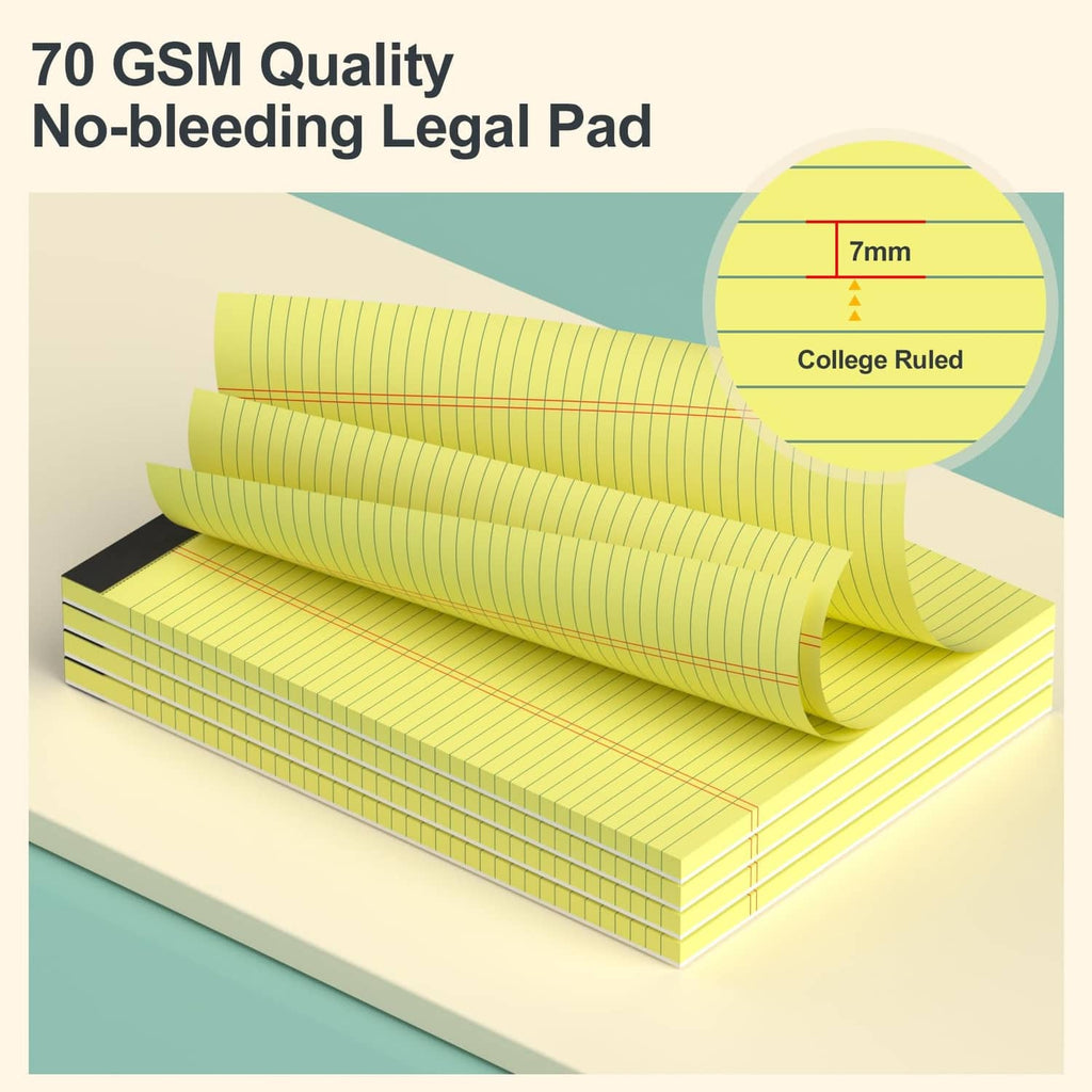 Yellow college-ruled legal pad stack, 7mm lines, 70 GSM paper