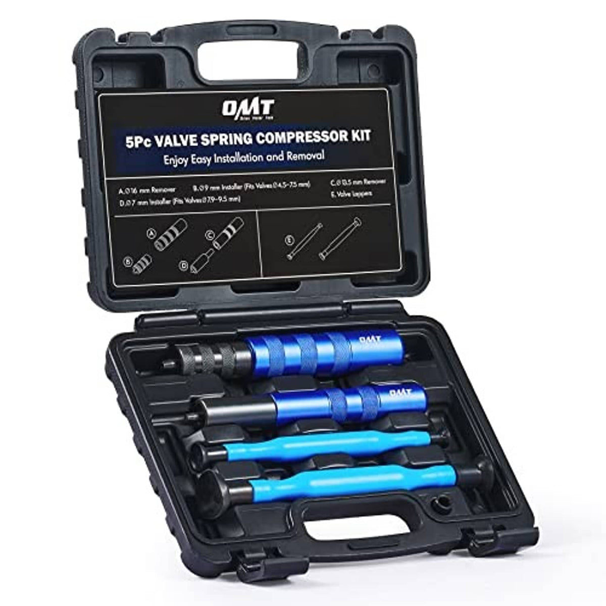 Valve spring compressor kit open case with blue and black tools for valve keeper service
