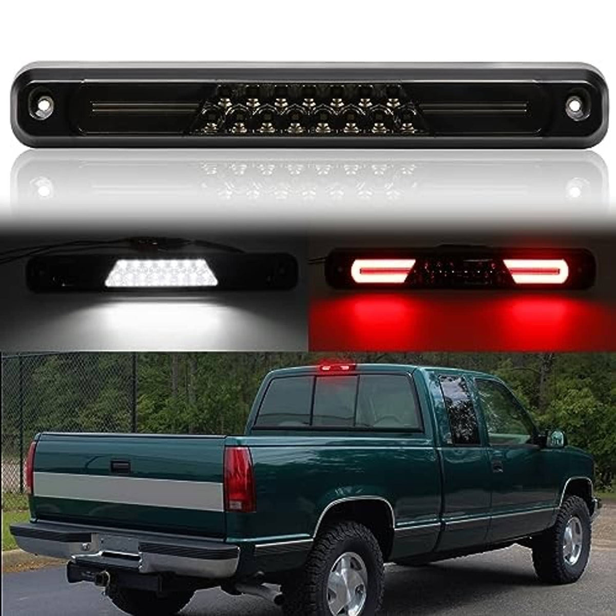 LED third brake light with smoked lens and black bezel, red brake lights illuminated