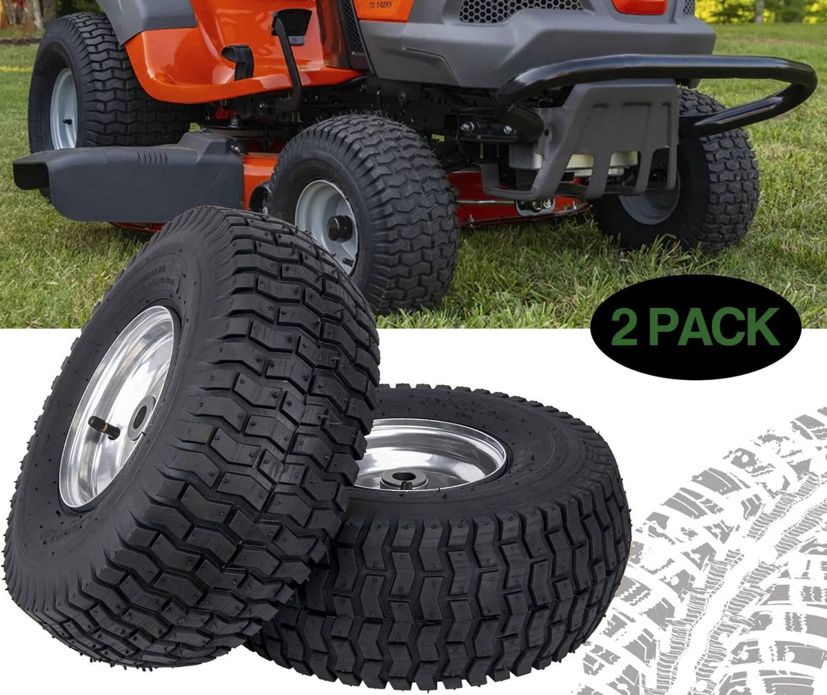 Two-pack lawn mower tires with black tread and silver wheel rims