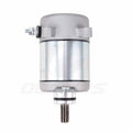 Silver motorcycle starter motor with mounting bracket and exposed drive shaft