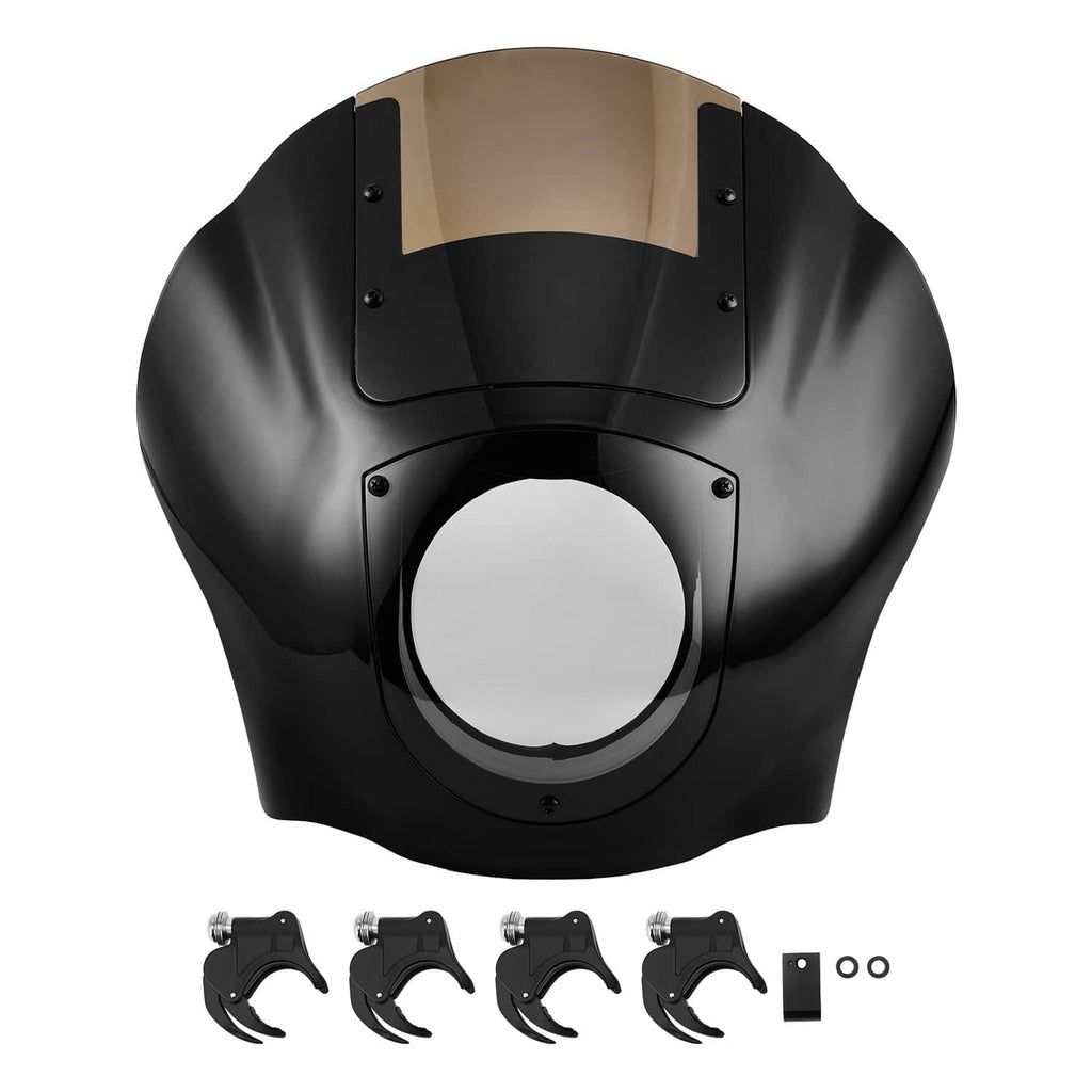 Motorcycle quarter fairing windshield kit, black fairing with tinted windshield and bracket