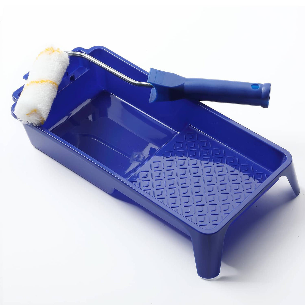 Blue paint tray with roller frame and roller covers resting in the tray