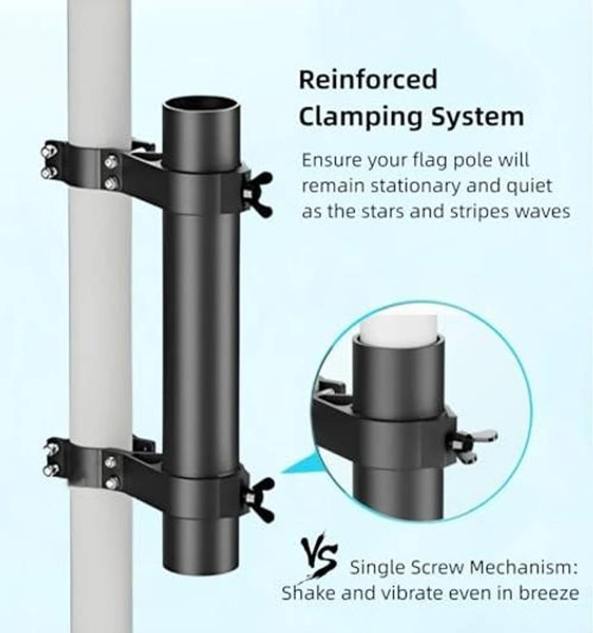 Black flag pole holder with reinforced clamp system and screw mechanism