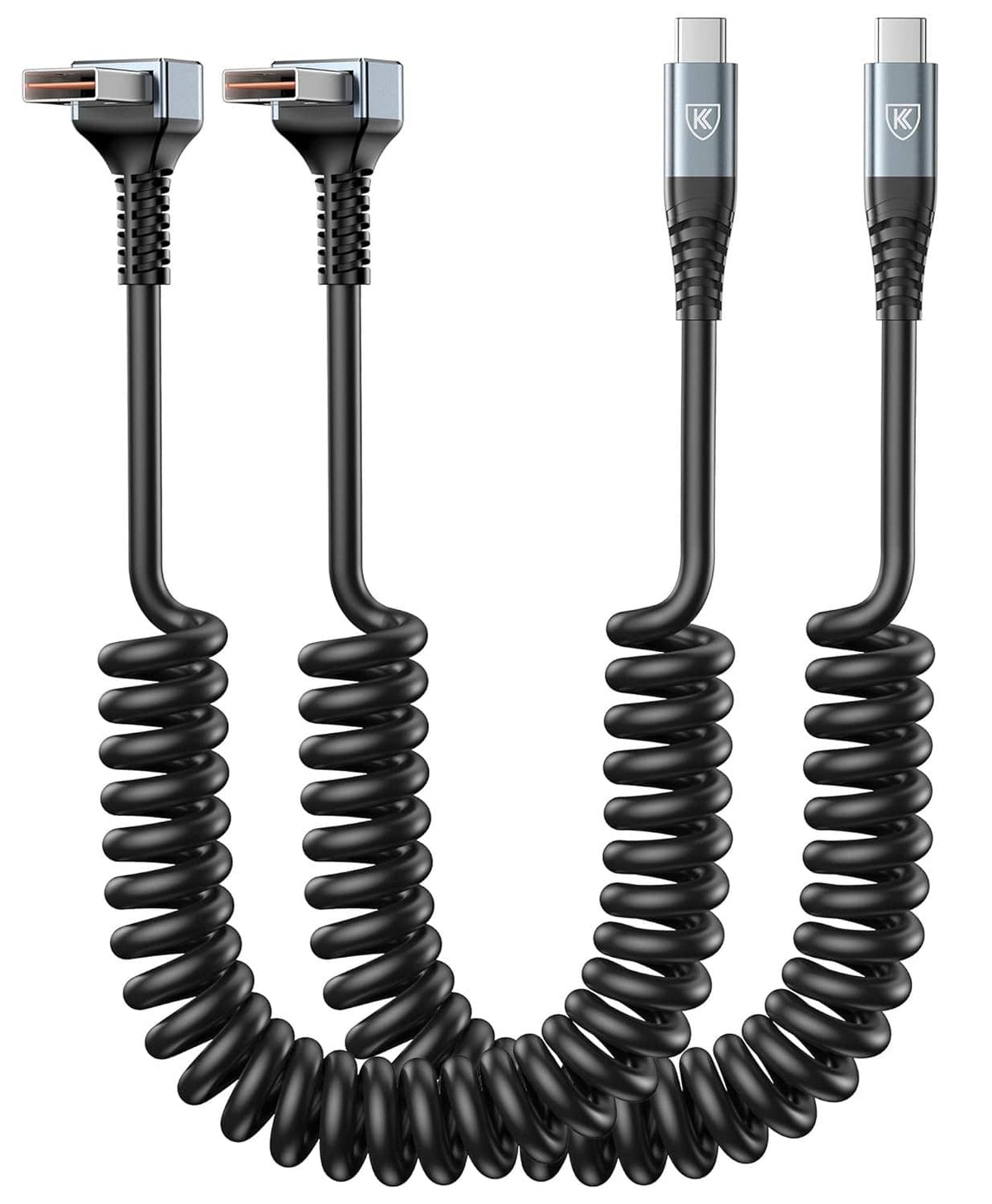 Two-pack coiled 90-degree USB-A to USB-C cables, black, four plug ends