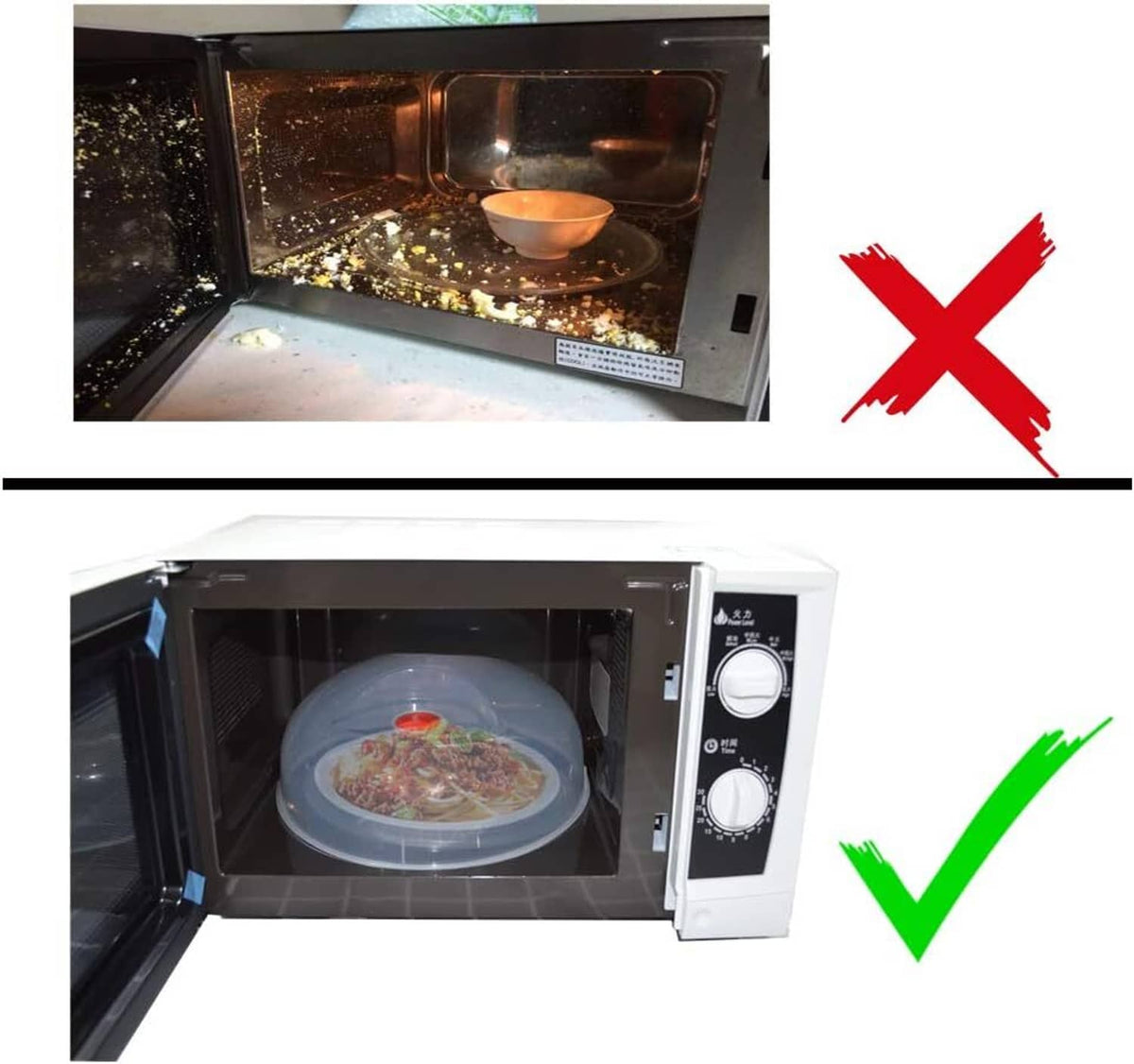Microwave splatter cover dome in oven cavity with red vent center
