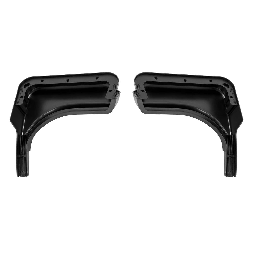 Underside view of black golf cart fender caps with mounting brackets and holes