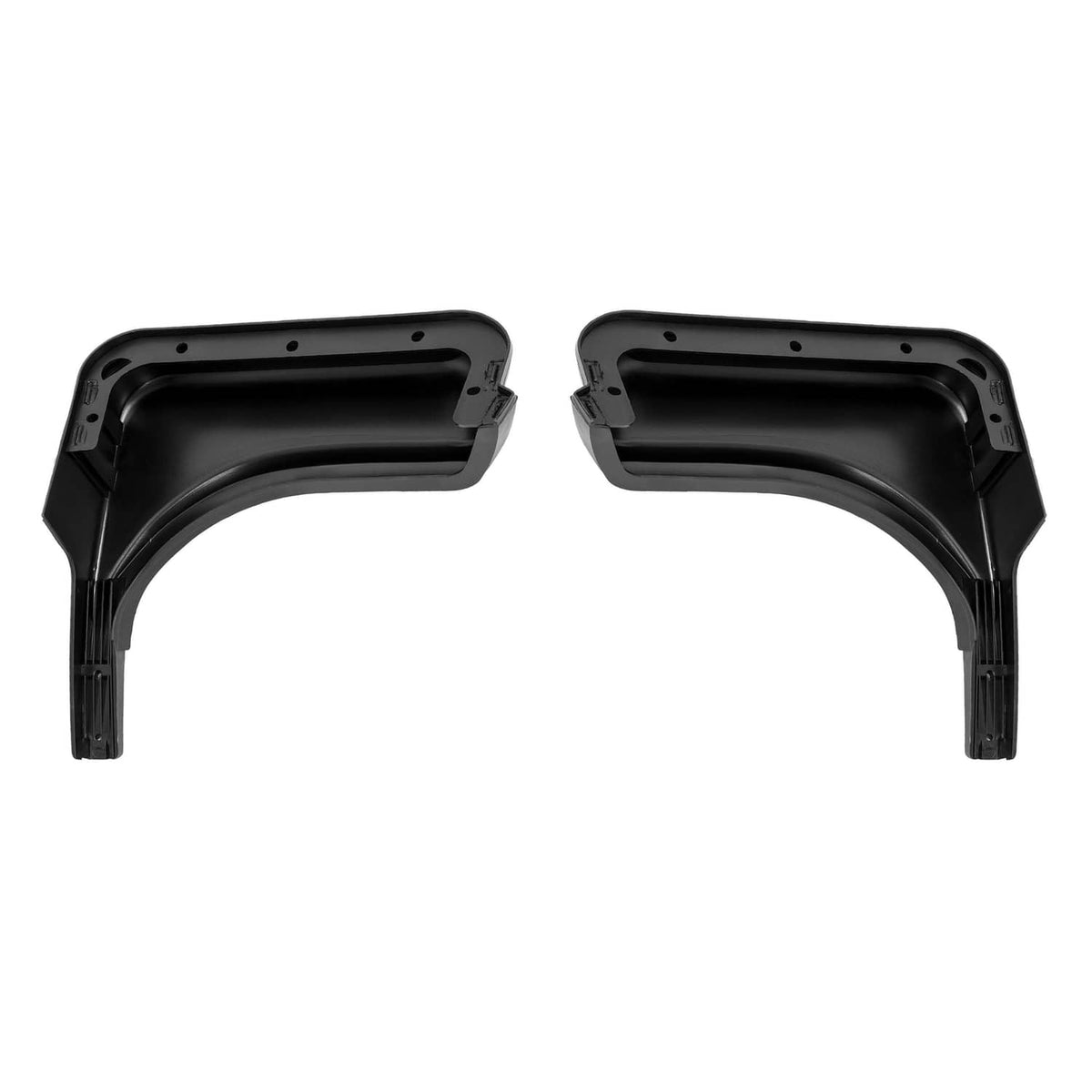 Underside view of black golf cart fender caps with mounting brackets and holes