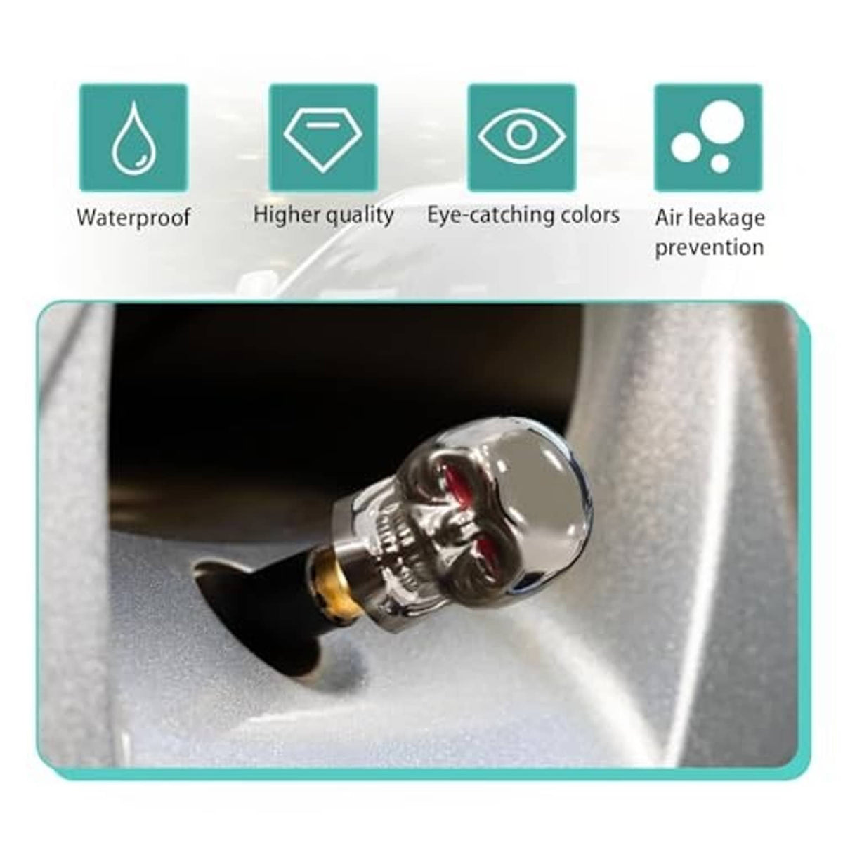Chrome skull tire valve stem cap with red eyes and rubber seal ring on tire