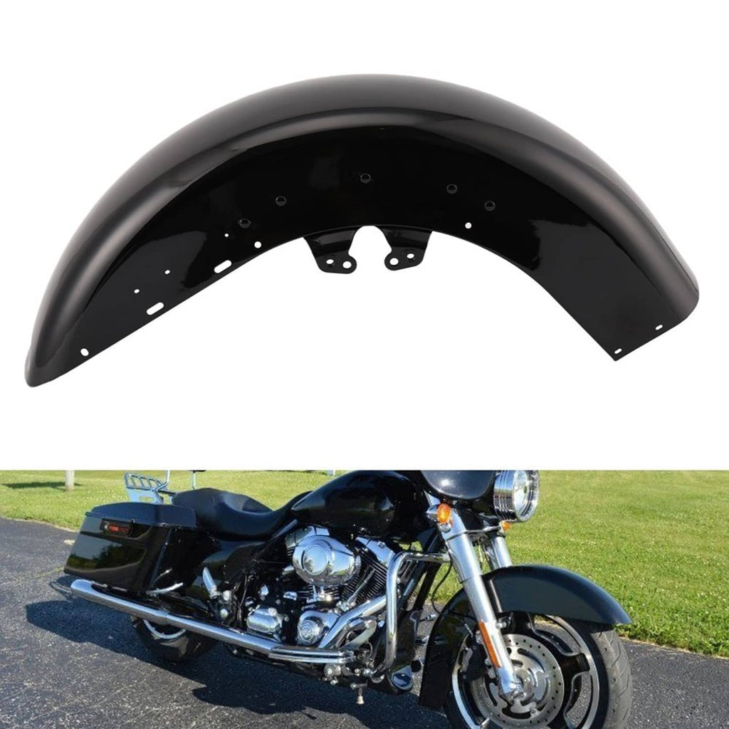 Front motorcycle wrap-around fender, glossy black finish, centered over wheel mount