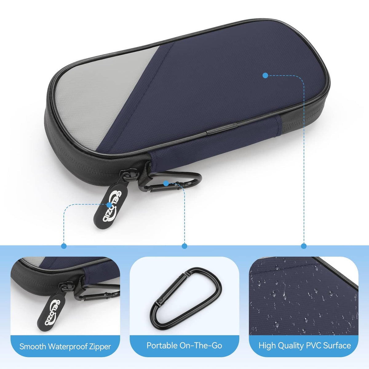 Insulin cooler case with dark blue diagonal panel and keyring zipper pull, gray shell