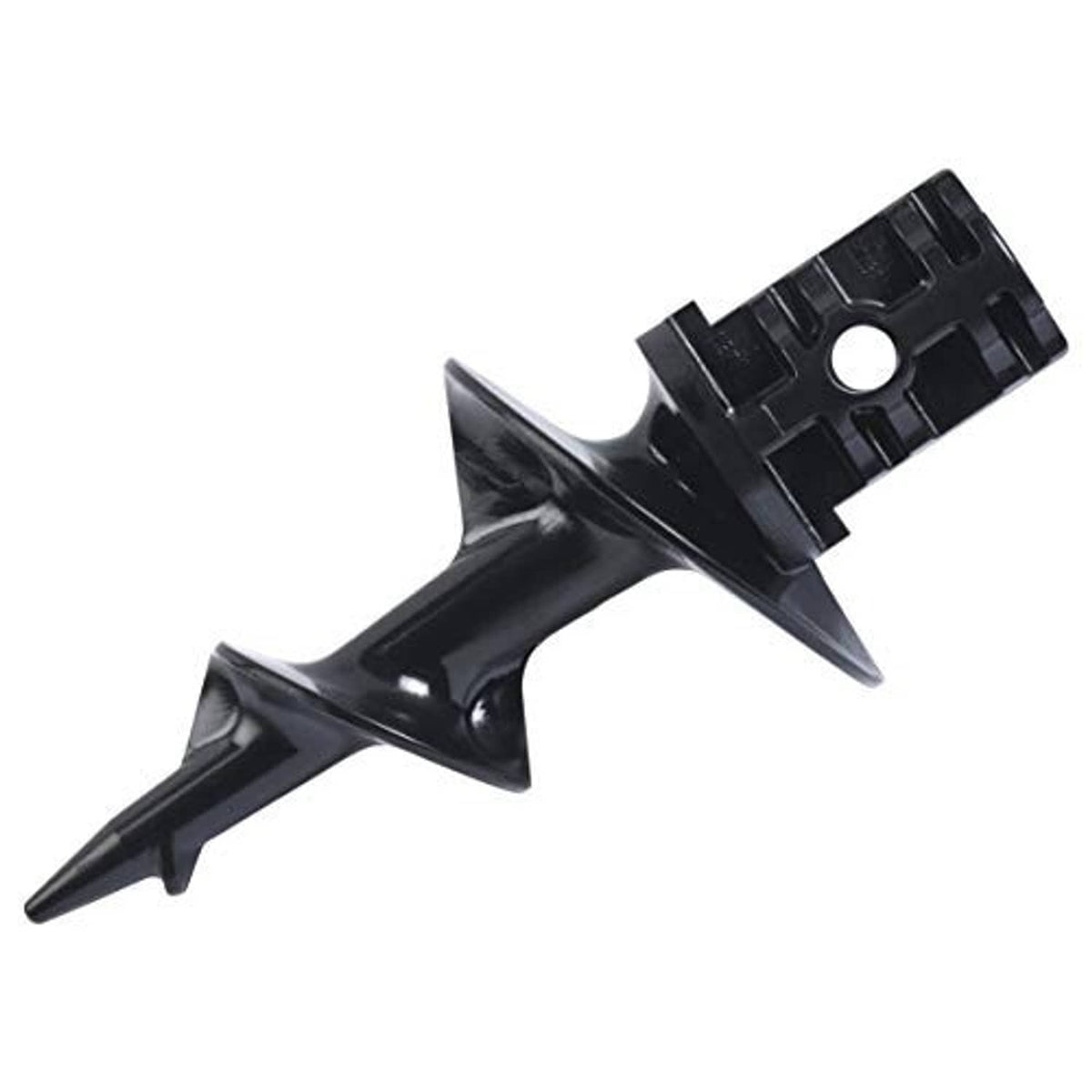 Black dock auger sand anchor, side view of helical screw blade and top mounting bracket