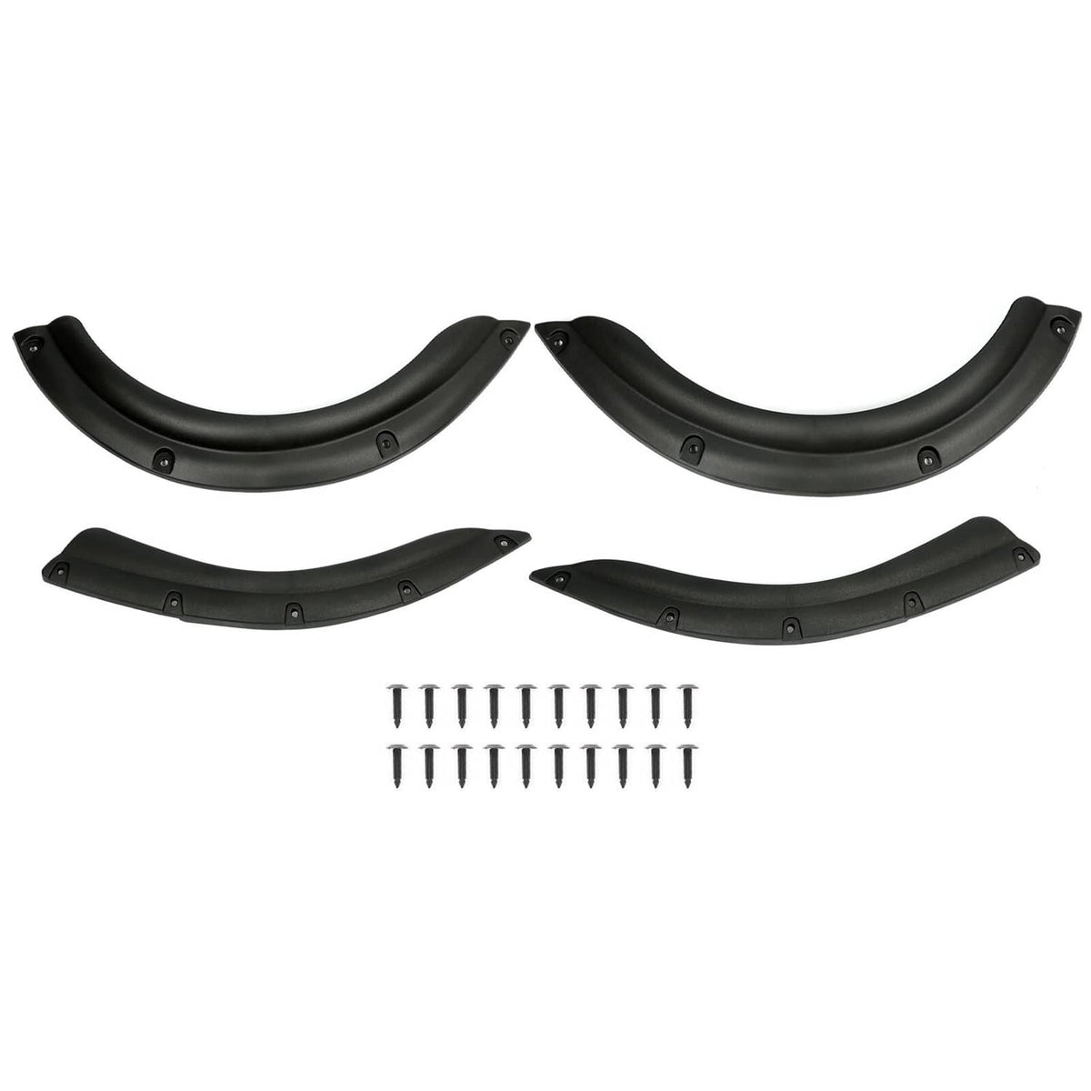 Front and rear golf cart fender flares set, black plastic with mounting hardware screws