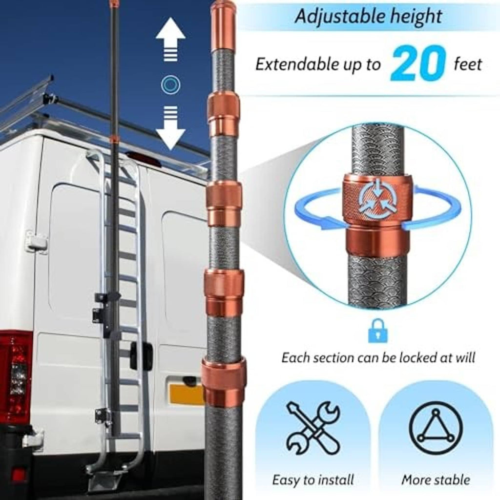 Telescoping RV flag pole with copper connector rings and locking ladder-mount hardware