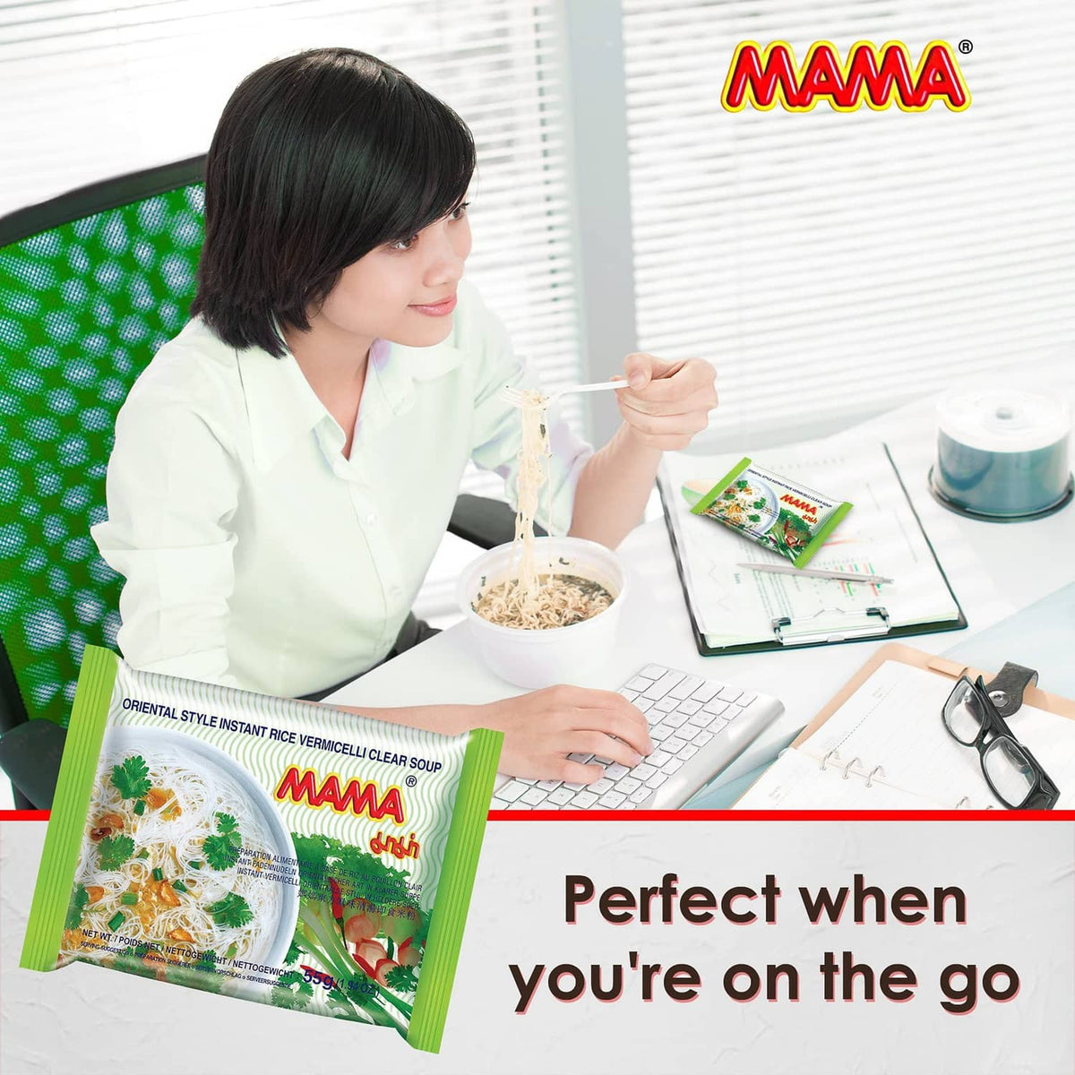 MAMA instant rice vermicelli clear soup pouch for on-the-go meal at table