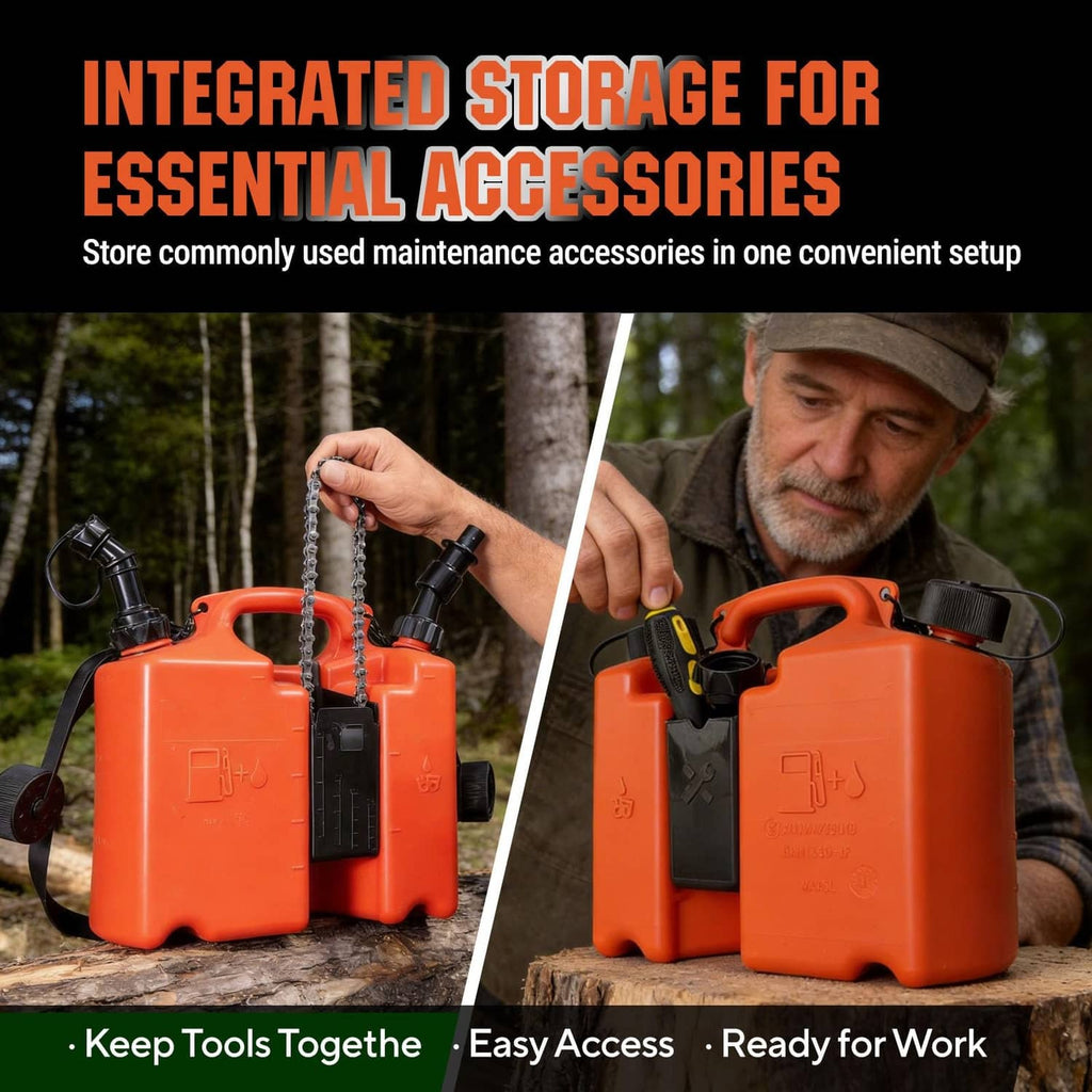 BAITEMEN dual-chamber fuel and bar oil can, orange, with two black carry handles