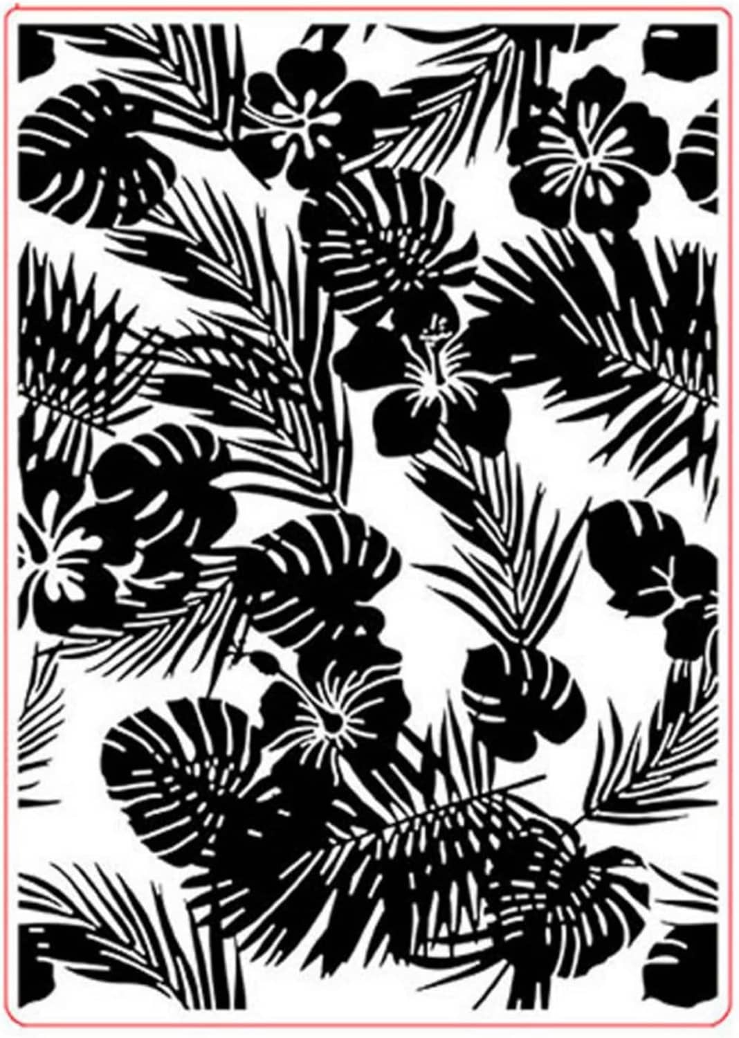 Black-and-white tropical floral embossing folder design with red border, hibiscus leaves