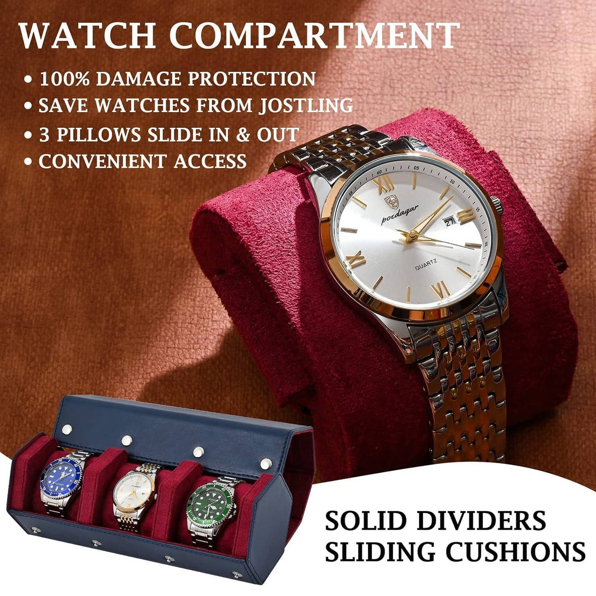 3-slot watch roll travel case with red velvet dividers holding wristwatches