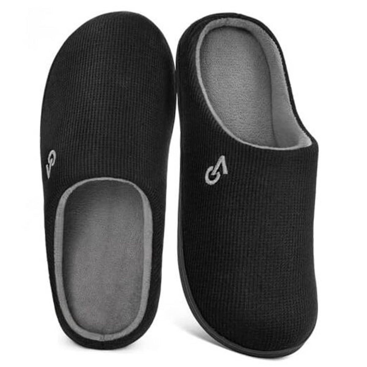 Two-tone men’s indoor house slippers, black knit upper with gray cushioned lining